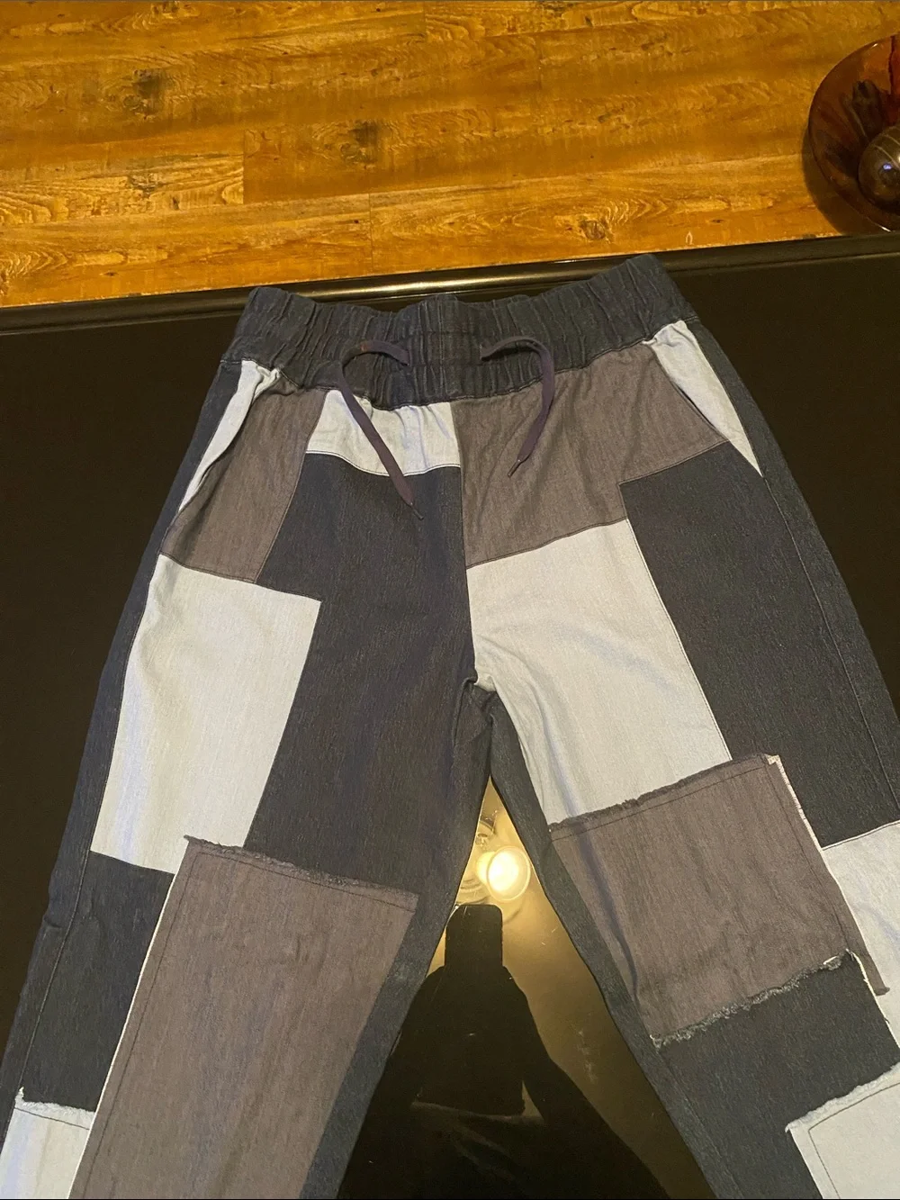 Women Patchwork Drawstring Pants - Blue/Gray